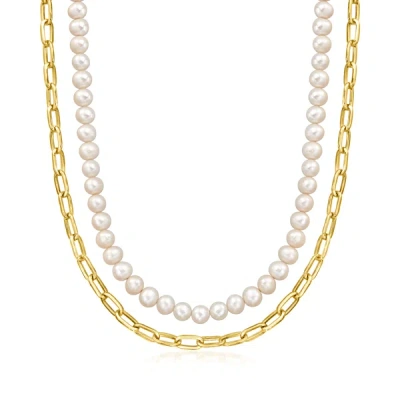 Ross-simons 6-6.5mm Cultured Pearl And 18kt Gold Over Sterling Paper Clip Link Layered Necklace In Multi