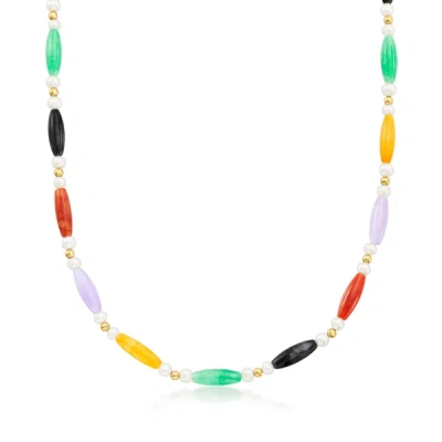 Ross-simons 5x15mm Multicolored Jade Bead And 4-4.5mm Cultured Pearl Station Necklace With 14kt Yellow Gold In Green
