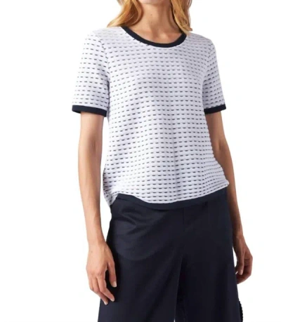 Tricot Chic Round Neck Short Sleeve Knit Top In White With Navy