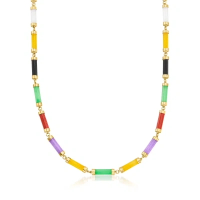 Ross-simons Multicolored Jade Cylinder-link Necklace In 18kt Gold Over Sterling In Green