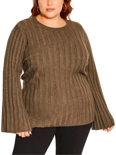 City Chic Plus Womens Knit Ribbed Trim Pullover Sweater In Brown