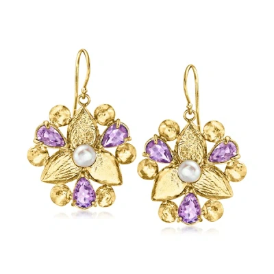 Ross-simons 5.5-6mm Cultured Pearl And Amethyst Flower Drop Earrings In 18kt Gold Over Sterling In Purple