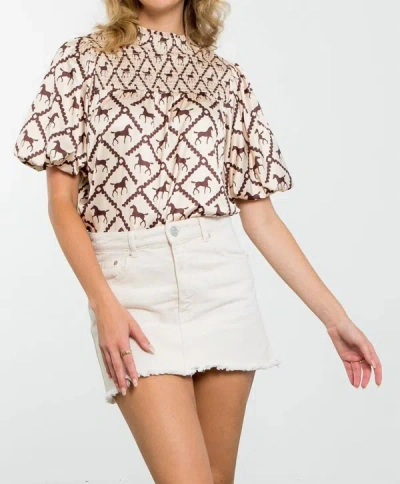 Thml Smocked Horse Print Top In Beige