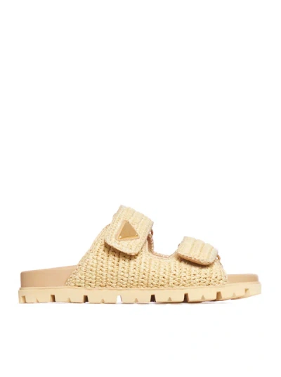 Prada Raffia Slipper With Logo Plaque In Nude & Neutrals