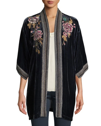 Johnny Was Plus Size Quito Floral-embroidered Velvet Kimono W/ Border Stitching In Denim Blue