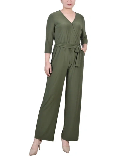 Ny Collection Petites Womens Belted Wide Leg Jumpsuit In Green