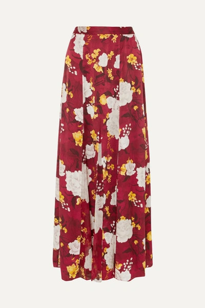 Alice And Olivia Athena Floral-print Hammered Silk-satin Maxi Skirt In Burgundy