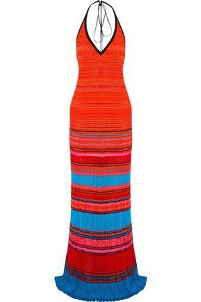 Roberto Cavalli Woman Pleated Striped Crochet-knit Halterneck Gown Tomato Red