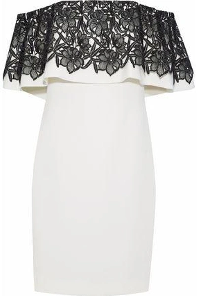 Badgley Mischka Woman Off-the-shoulder Guipure Lace-paneled Crepe Dress Ivory
