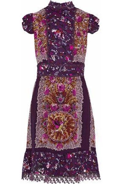 Anna Sui Lace-trimmed Printed Silk Crepe De Chine Dress In Violet
