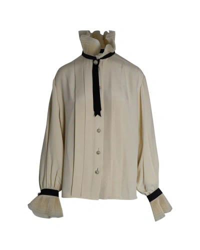 Pre-owned Chanel Ruffled Collar Buttoned Blouse In Cream Silk In Beige
