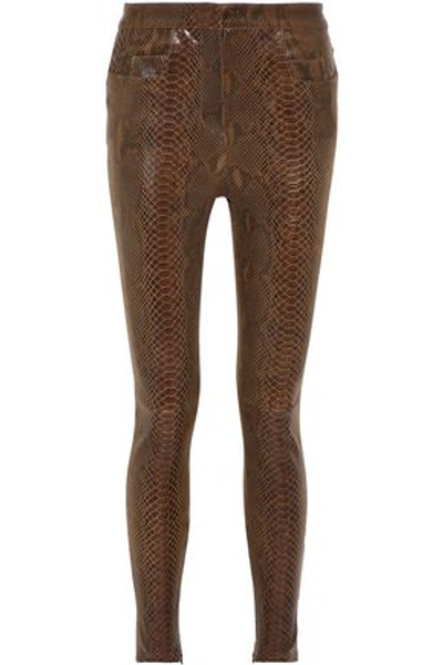 Balmain Snake-effect Leather Skinny Pants In Brown