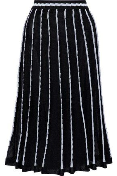 M Missoni Pleated Striped Crochet-knit Cotton-blend Midi Skirt In Black
