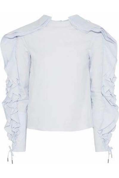 Antonio Berardi Woman Lace-up Ruffled Cotton-blend Poplin Top Sky Blue