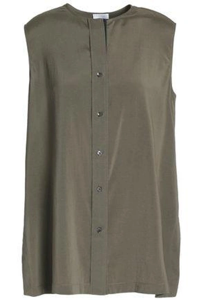 Brunello Cucinelli Woman Bead-embellished Stretch-silk Top Army Green
