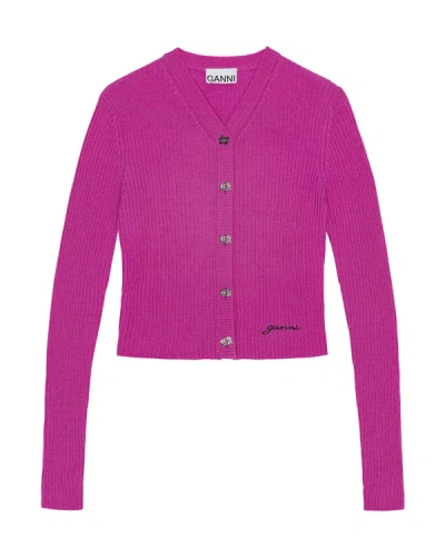 Ganni Pink Mini Ribbed Merino Cardigan