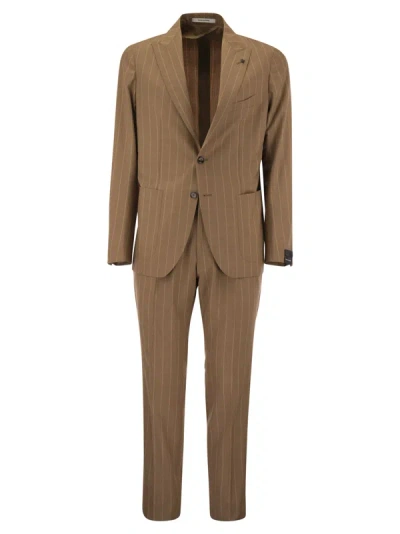 Tagliatore Pinstripe Suit In Wool And Silk In Cognac