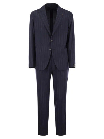 Tagliatore Pinstripe Suit In Wool And Silk In Blue