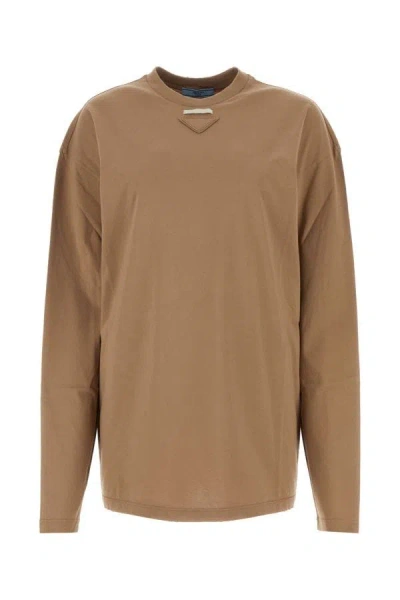 Prada Woman Biscuit Cotton Oversize T-shirt In Brown