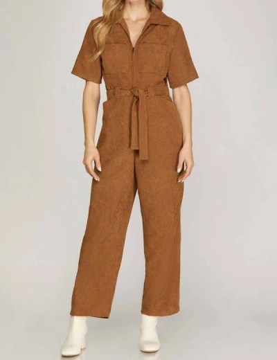 She + Sky Corduroy Belted Jumpsuit In Camel In Brown