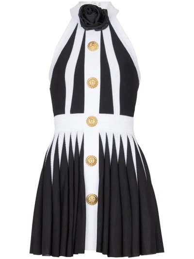 Balmain Short Dress With Flower Appliqué In Black