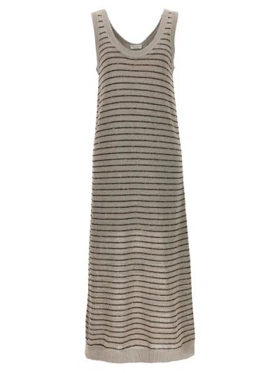 Brunello Cucinelli Sequin Striped Long Dress In Gray