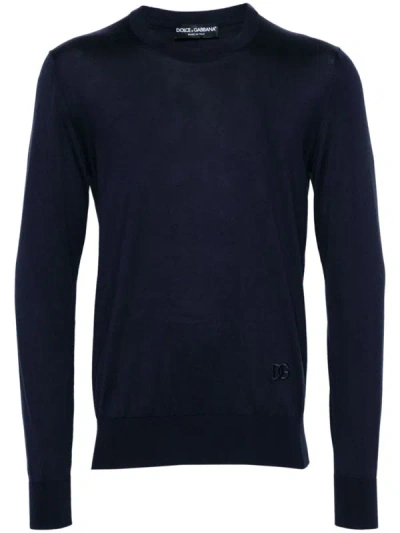 Dolce & Gabbana Logo-embroidered Silk Sweater In Blu