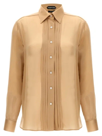 Tom Ford Pleated Plastron Shirt In Beige