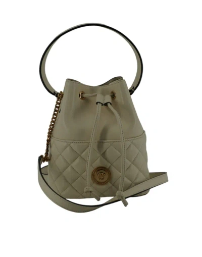 Versace White Lamb Leather Small Bucket Shoulder Bag In Beige
