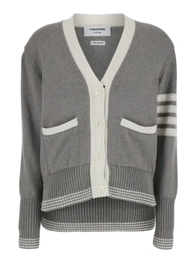 Thom Browne Grey V-neck Cardigan With 4-bar Detail In Cotton Woman