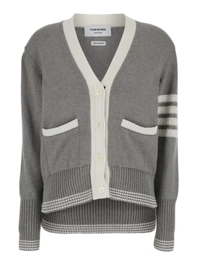 Thom Browne Cotton Knit 4 Stripe Cardigan W/ Pockets In Grey