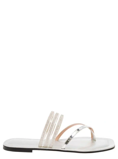 Pollini Silver-tone Thongs Sandals With Metallic And Rhinestone Bands In Leather Woman In White