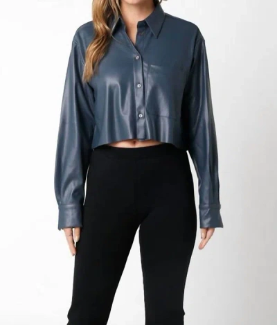 Olivaceous Bette Cropped Faux Leather Button Down In Midnight Blue