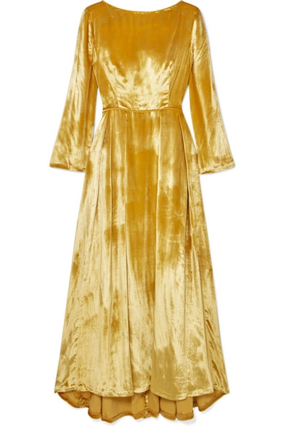 Adam Lippes Boat-neck Bell-sleeve Velvet Long Dress W/ Pleats In Yellow