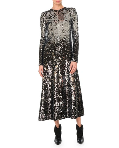 Givenchy Long-sleeve A-line Sequined Embroidered Long Cocktail Dress In Black/silver