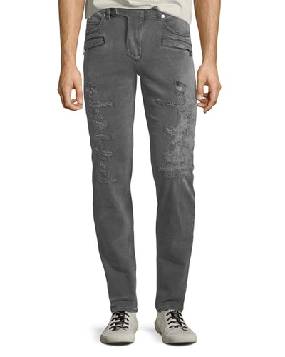 Balmain Men's Gray-wash Distressed Skinny Jeans