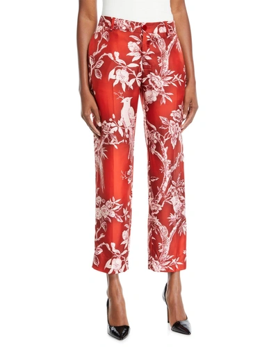 Frs By Francesca Ruffini Mid-rise Straight-leg Cropped Floral-print Satin Trousers In Red/white