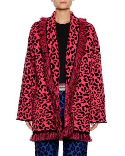 Alanui Animalier Self-belt Leopard-print Cashmere Cardigan W/ Metallic & Fringe Trim In Pink Pattern