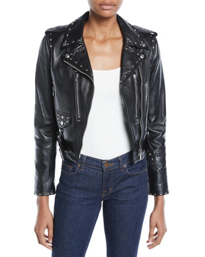 Re/done The Studded Cropped Leather Moto Jacket In Black