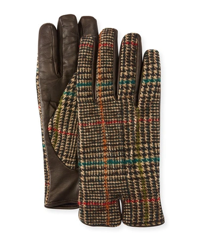 Etro Men's Plaid-back Leather Gloves In Brown Pattern