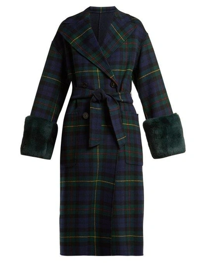 Weekend Max Mara Diego Rabbit Fur-trimmed Plaid Coat In Navy Multi |  ModeSens