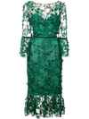 Marchesa Notte Bell-sleeve Embroidered 3d Flower Dress In Emerald