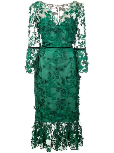 Marchesa Notte Bell-sleeve Embroidered 3d Flower Dress In Emerald