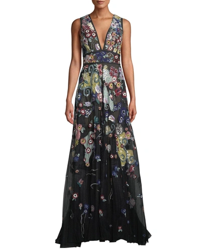 Zuhair Murad Sleeveless V-neck Beaded-embroidered A-line Evening Gown In Black Pattern