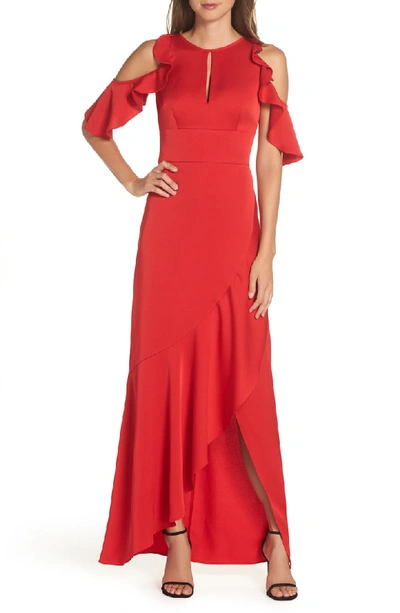 ml Monique Lhuillier Cold-shoulder Column Gown W/ Ruffle Skirt, Red