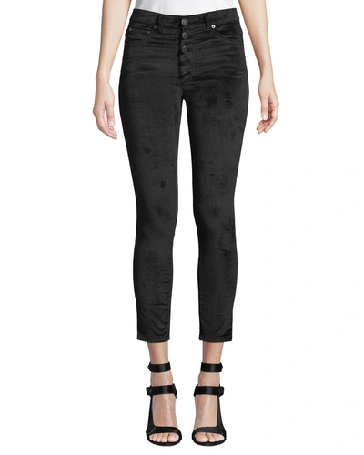 Alice And Olivia Good High-rise Button-fly Velvet Skinny Jeans In Black