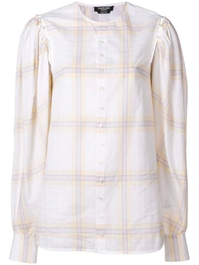 Calvin Klein 205w39nyc Button-front Plaid Cotton Shirt With Detachable Puffy Sleeves In White