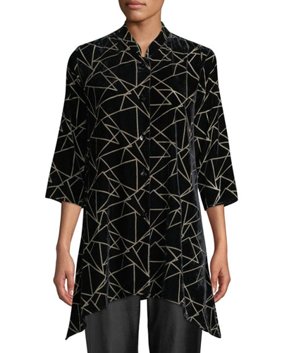 Caroline Rose Plus Size Triangle Devore Velvet Side-fall Button-front Tunic In Black/natural