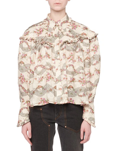 Isabel Marant Janelle Long-sleeve Button-front Ruffle-yoke Antique Floral-print Shirt