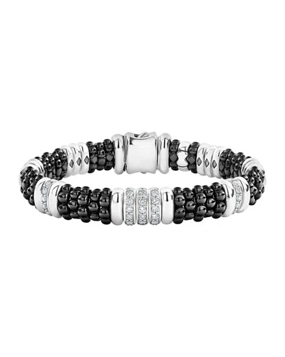 Lagos Sterling Silver Black Caviar Diamond & Black Ceramic Station Bracelet In White/black